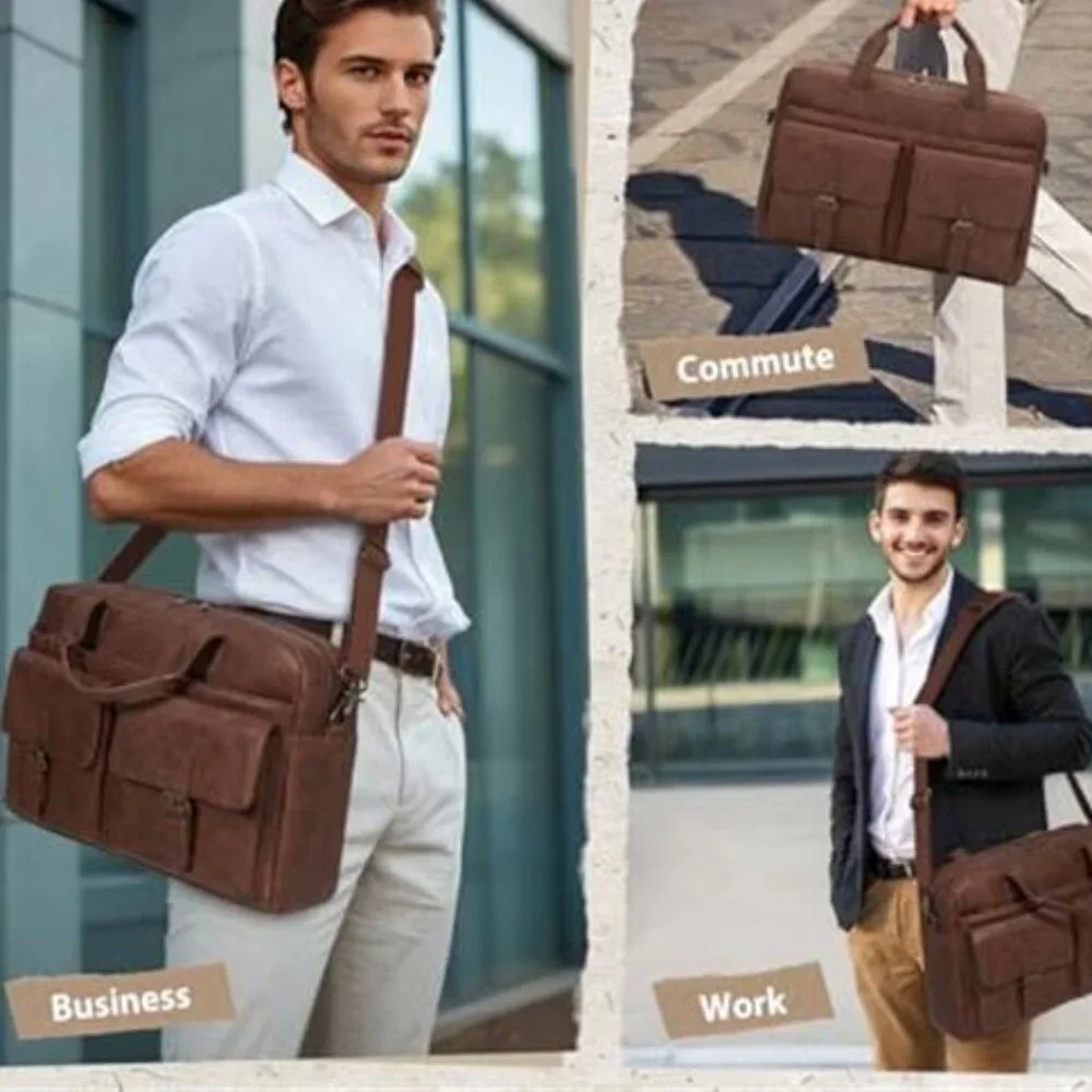 Men's Messenger Bag 16 Inch Leather Laptop Bag Briefcase Vintage Satchel Bag